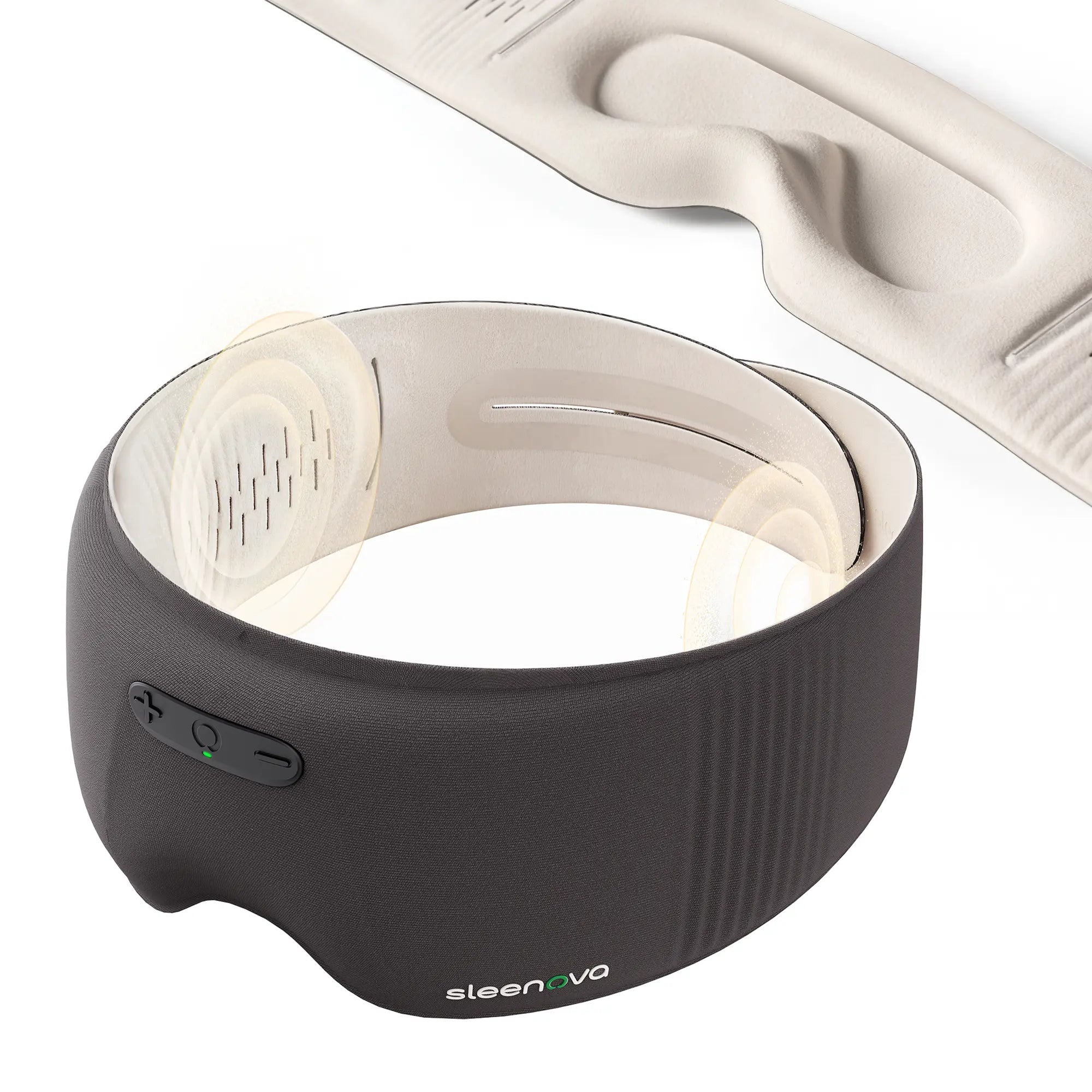 Black and beige sleep mask with 'sleenevo' branding on a white background